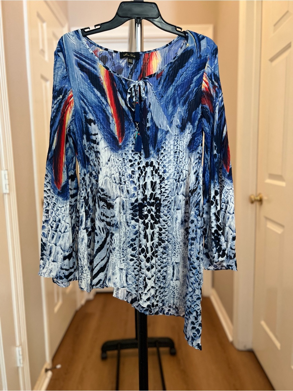 Melissa Paige Blue Mixed-Print Tie-Neck Long Sleeve Tunic with Red Accents